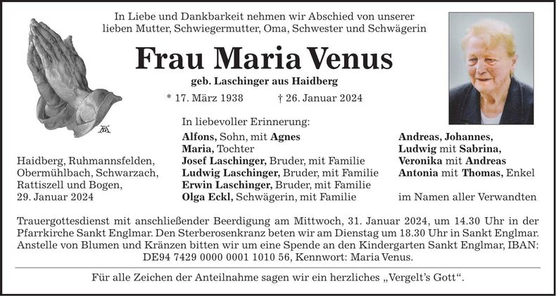 Traueranzeige Maria Venus