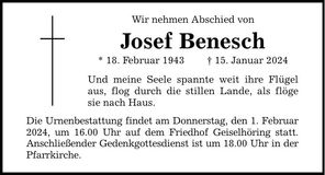 Traueranzeige Josef Benesch