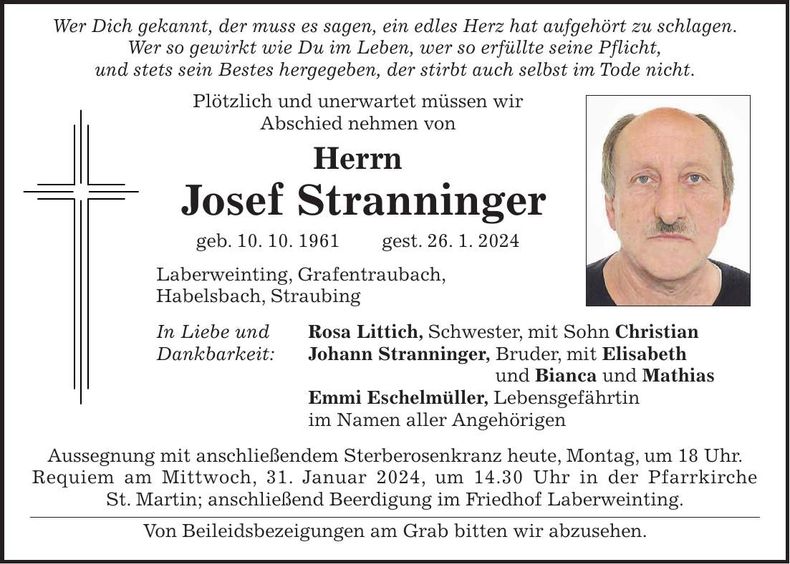 Traueranzeige Josef Stranninger