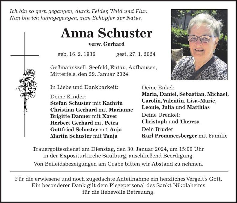 Traueranzeige Anna Schuster