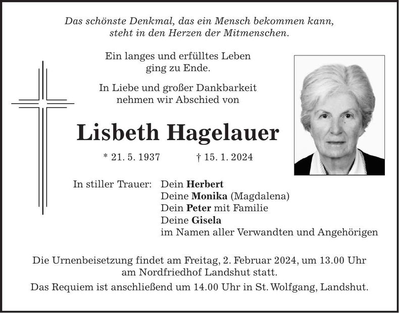 Traueranzeige Lisbeth Hagelauer