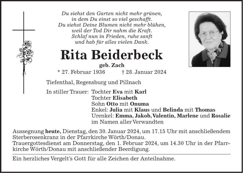 Traueranzeige Rita Beiderbeck