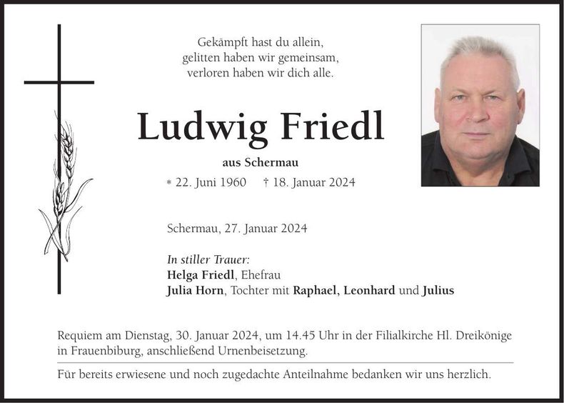 Traueranzeige Ludwig Friedl