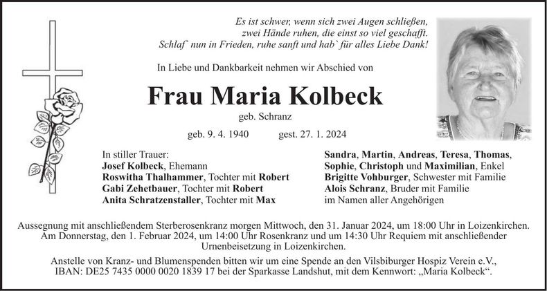 Traueranzeige Maria Kolbeck