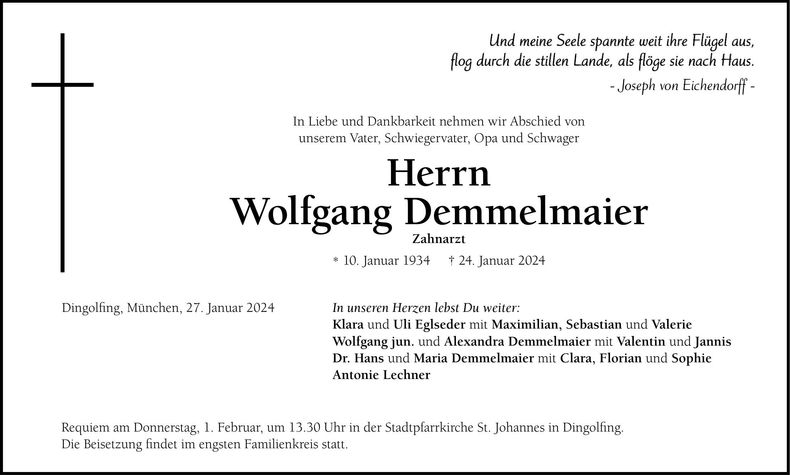 Traueranzeige Wolfgang Demmelmaier