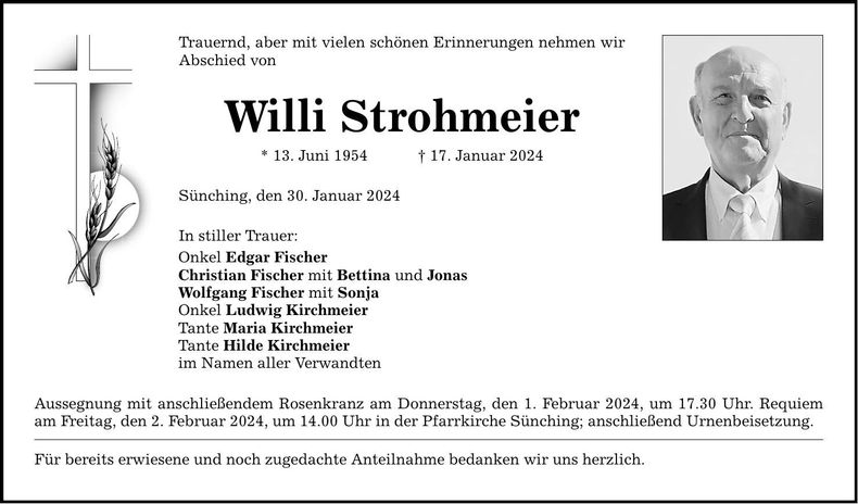 Traueranzeige Willi Strohmeier