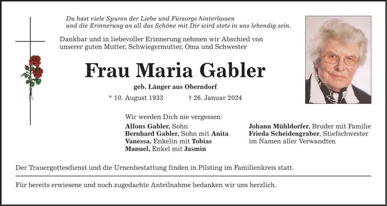 Traueranzeige Maria Gabler