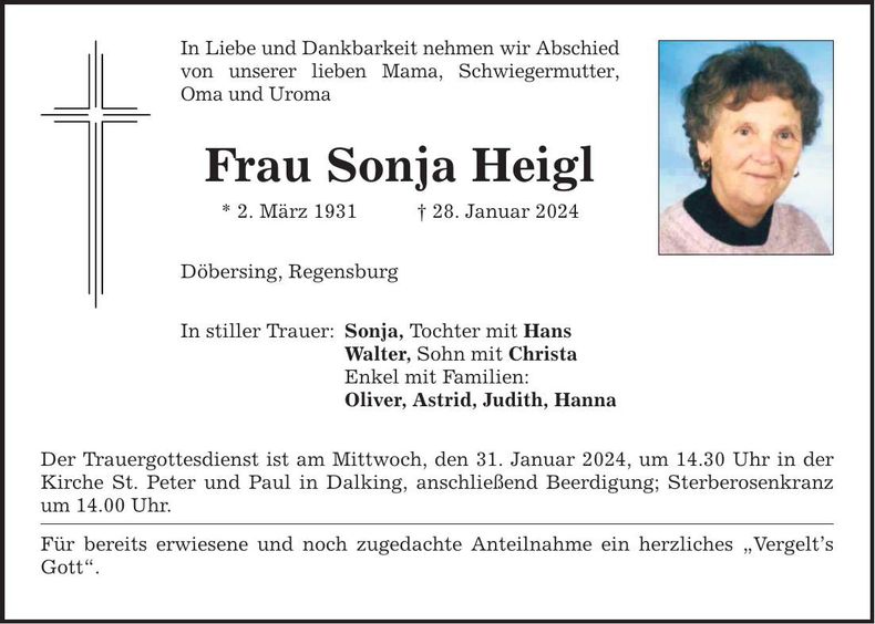 Traueranzeige Sonja Heigl