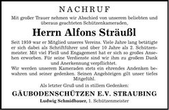 Traueranzeige Alfons Sträußl