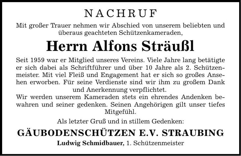 Traueranzeige Alfons Sträußl