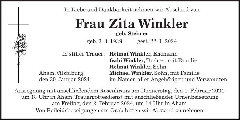 Traueranzeige Zita Winkler