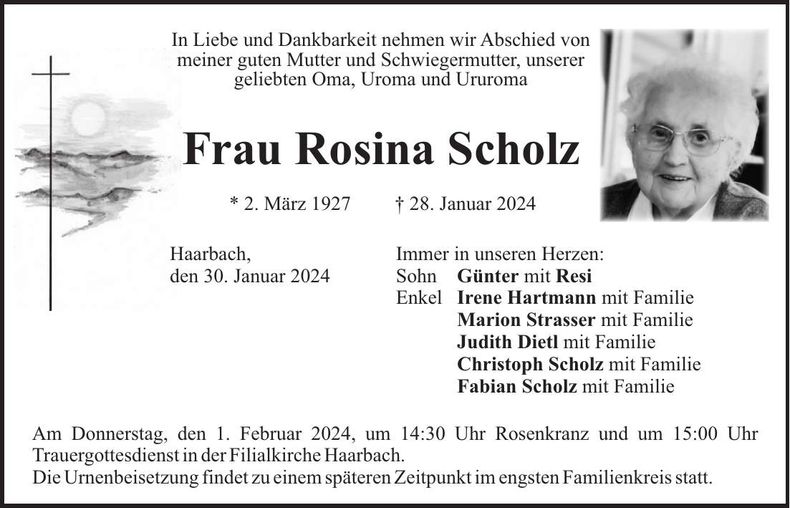 Traueranzeige Scholz Rosina