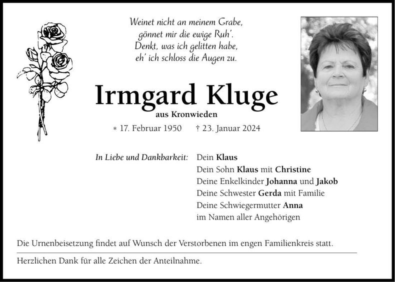 Traueranzeige Irmgard Kluge