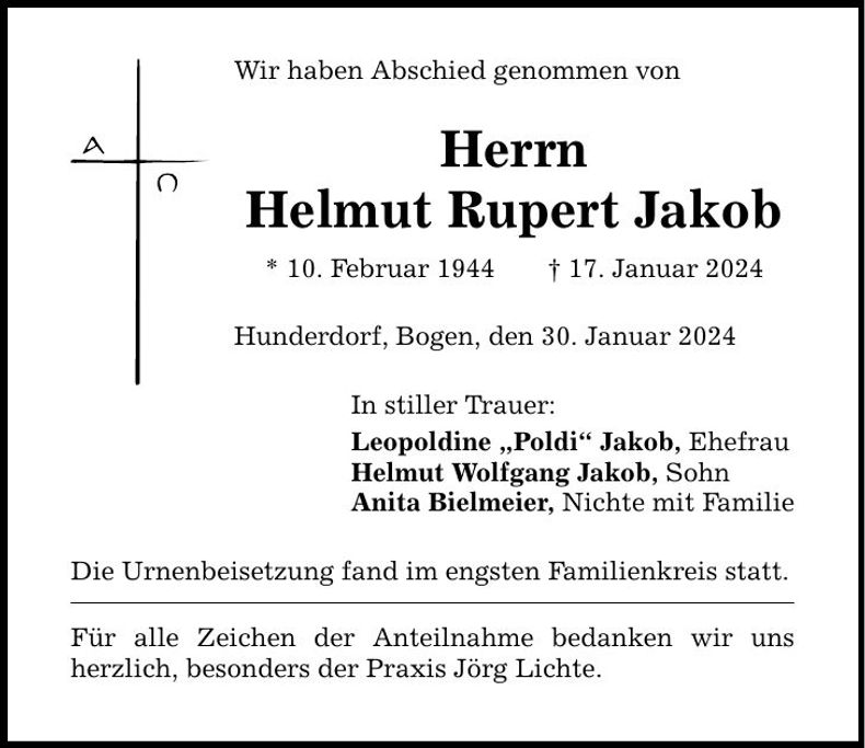 Traueranzeige Helmut Rupert Jakob