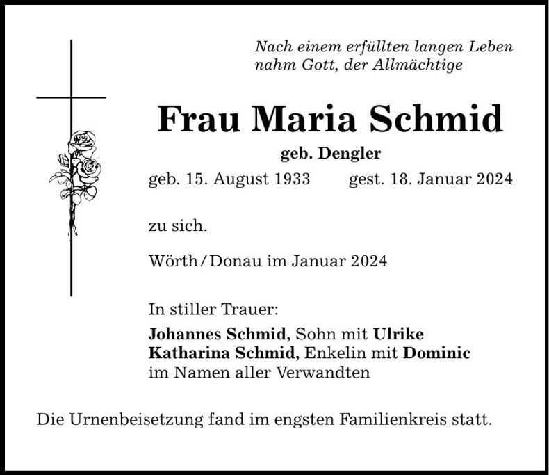 Traueranzeige Maria Schmid