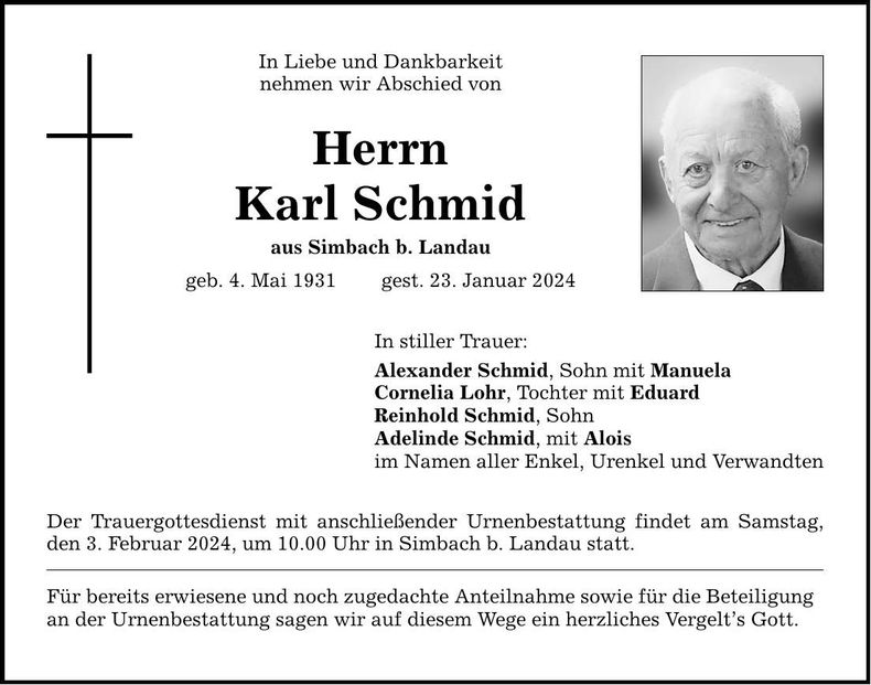 Traueranzeige Karl Schmid