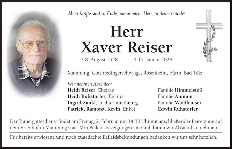 Traueranzeige Xaver Reiser