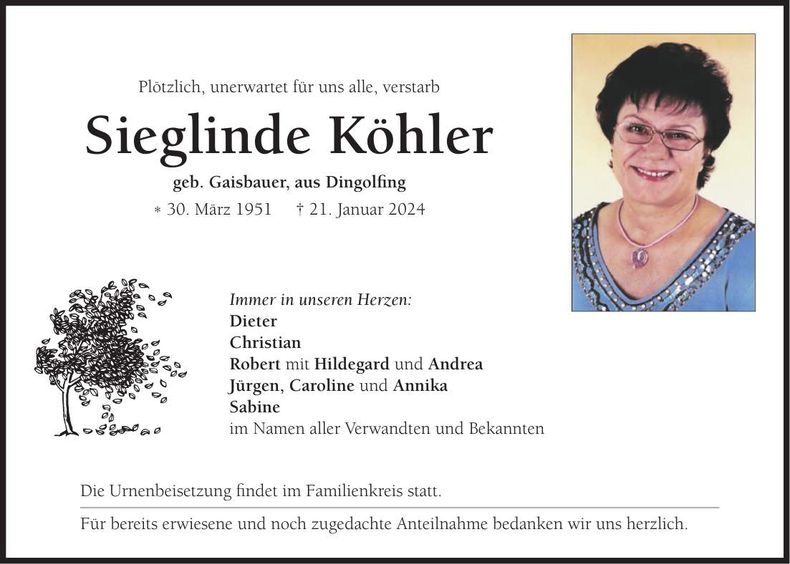 Traueranzeige Sieglinde Köhler