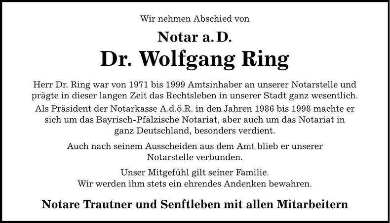 Traueranzeige Wolfgang Ring