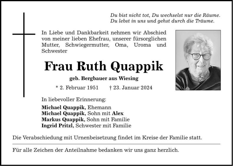 Traueranzeige Ruth Quappik