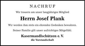Traueranzeige Josef Plank