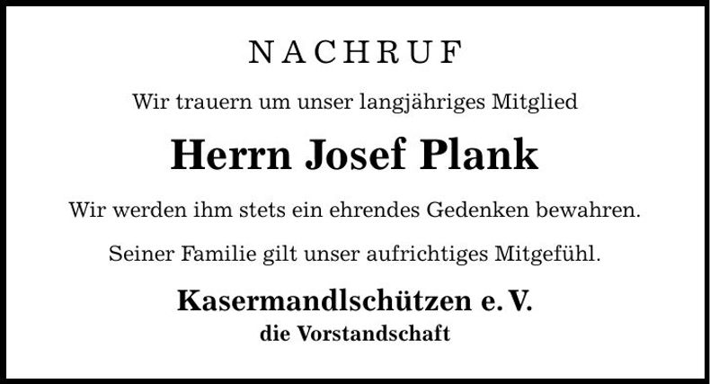 Traueranzeige Josef Plank