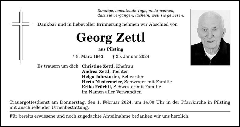 Traueranzeige Georg Zettl