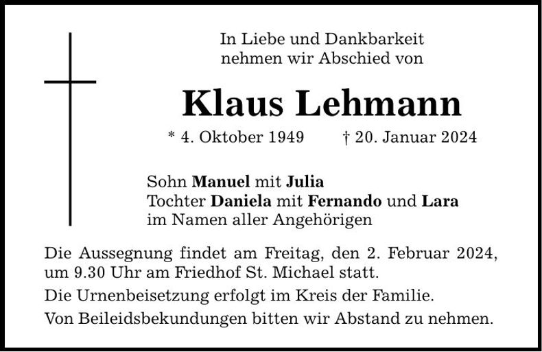 Traueranzeige Klaus Lehmann