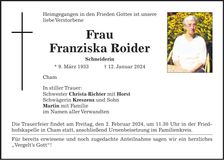 Traueranzeige Franziska Roider