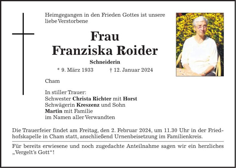 Traueranzeige Franziska Roider