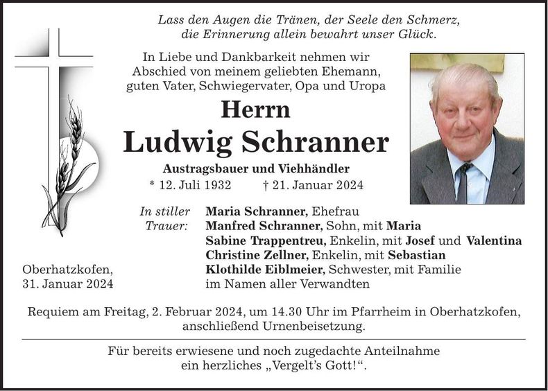 Traueranzeige Ludwig Schranner