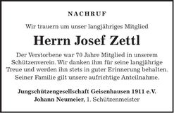 Traueranzeige Josef Zettl