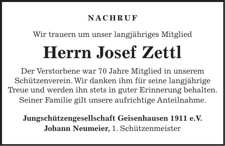 Traueranzeige Josef Zettl