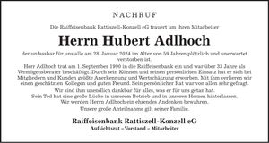 Traueranzeige Hubert Adlhoch