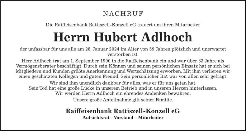 Traueranzeige Hubert Adlhoch