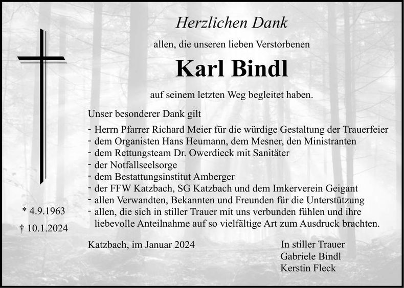 Traueranzeige Karl Bindl