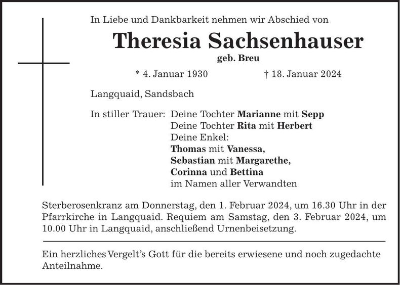 Traueranzeige Theresia Sachsenhauser