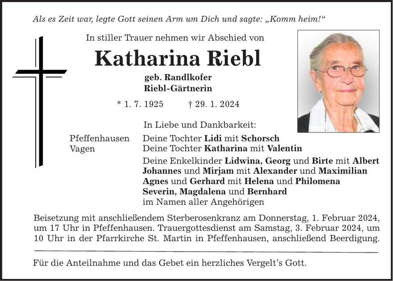 Traueranzeige Katharina Riebl