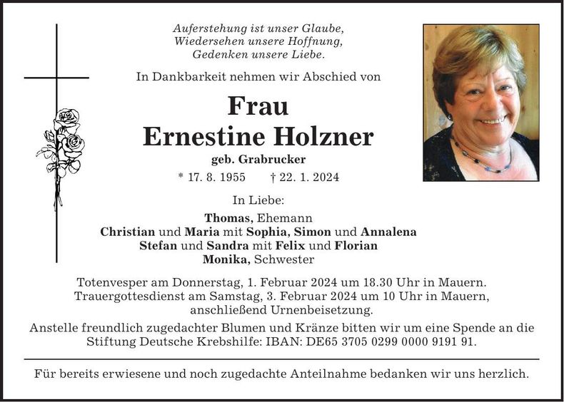 Traueranzeige Ernestine Holzner