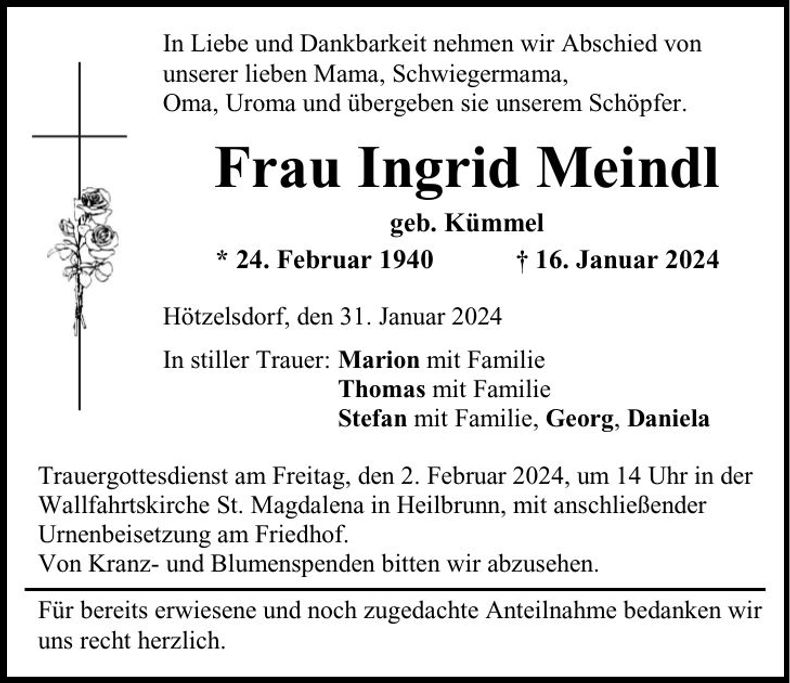 Traueranzeige Ingrid Meindl