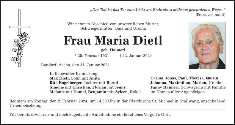 Traueranzeige Maria Dietl