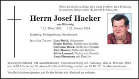 Traueranzeige Josef Hacker