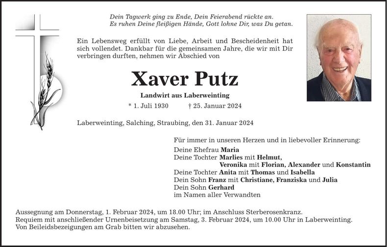 Traueranzeige Xaver Putz