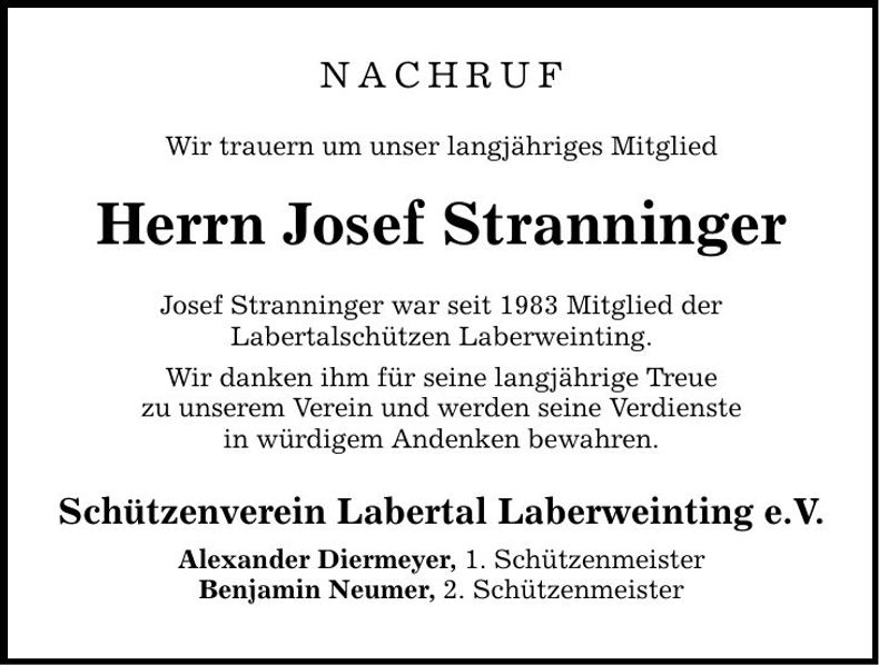 Traueranzeige Josef Stranninger