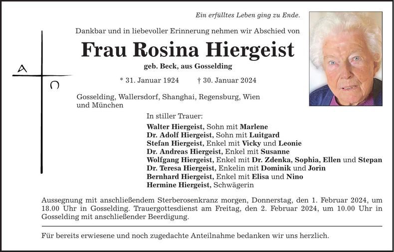Traueranzeige Rosina Hiergeist
