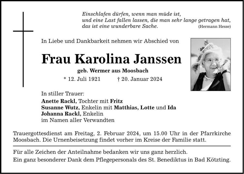Traueranzeige Karolina Janssen