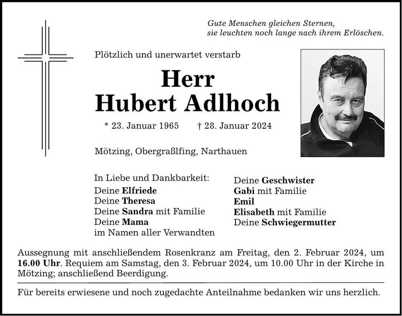 Traueranzeige Hubert Adlhoch