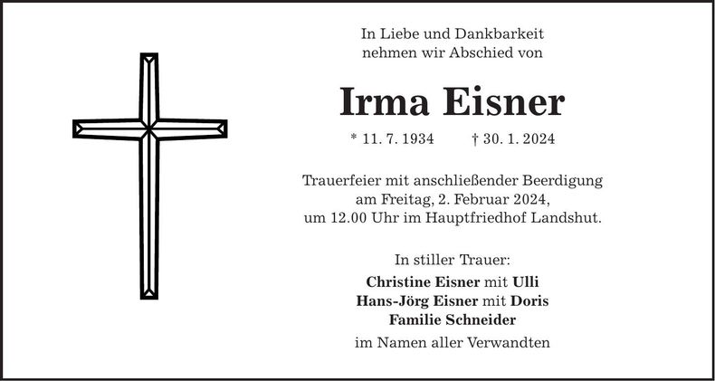 Traueranzeige Irma Eisner