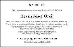 Traueranzeige Josef Greil