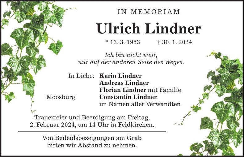 Traueranzeige Ulrich Lindner